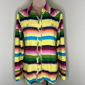 Tasha Polizzi Shirt Medium Women Pearl Snap Yellow Striped Western Ruffle Cotton